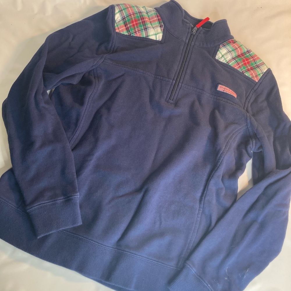 Vineyard Vines Women's 1/4 Zip Pullover Sweatshirt - Blue with Plaid small